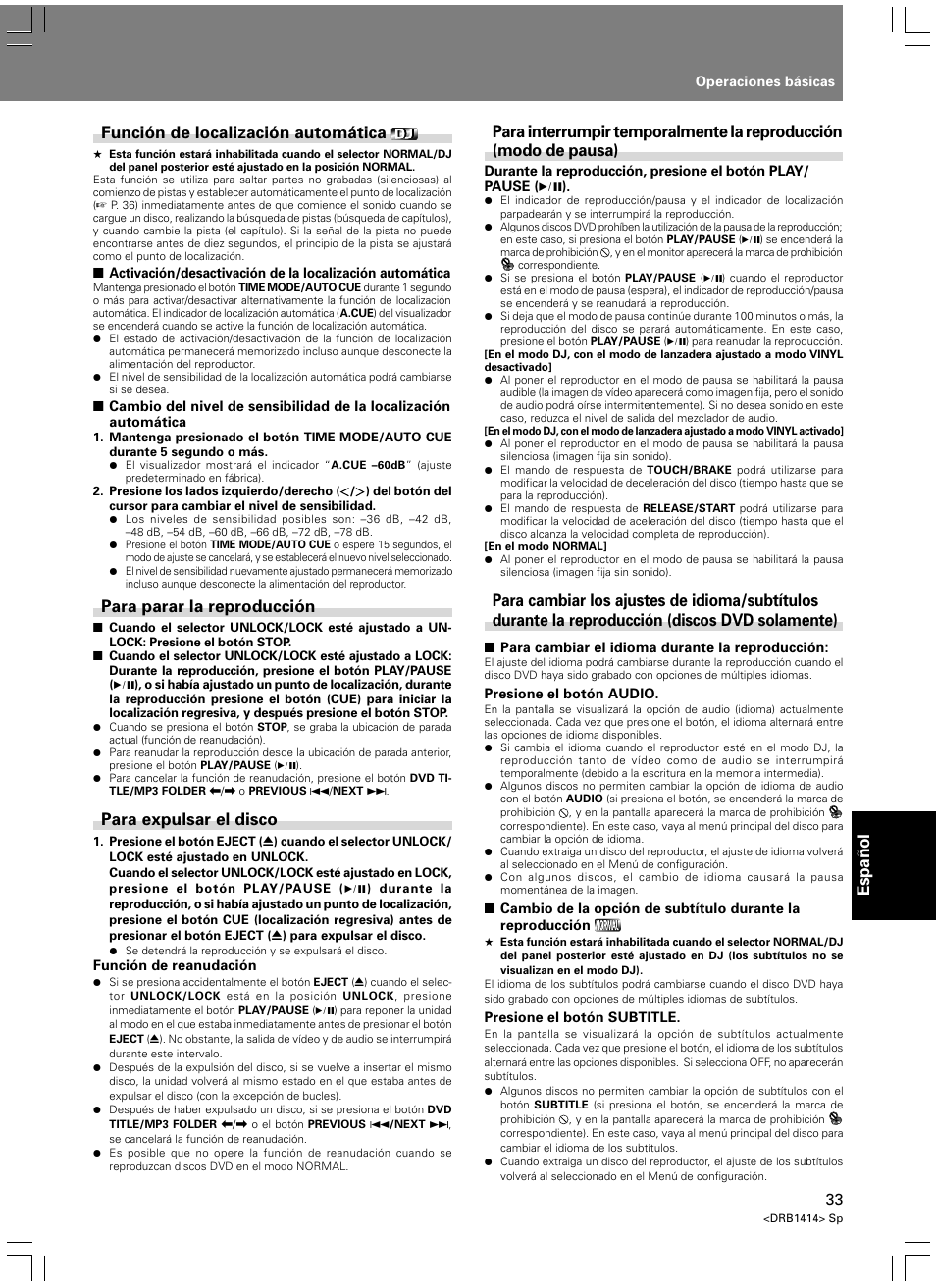 Espa ñ ol, Función de localización automática, Para parar la reproducción | Para expulsar el disco | Pioneer DVJ-1000 User Manual | Page 299 / 319