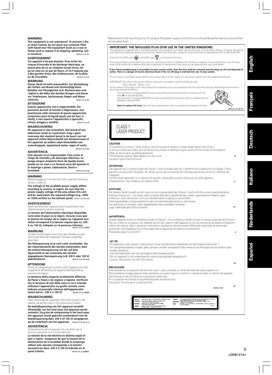 Class 1 laser product | Pioneer DVJ-1000 User Manual | Page 3 / 319