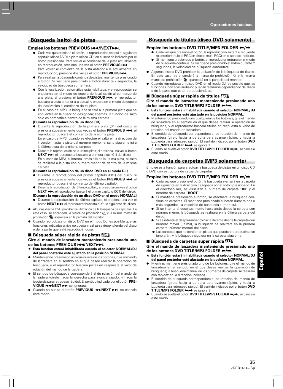 Espa ñ ol, Búsqueda (salto) de pistas, Búsqueda de títulos (disco dvd solamente) | Búsqueda de carpetas (mp3 solamente) | Pioneer DVJ-1000 User Manual | Page 301 / 319