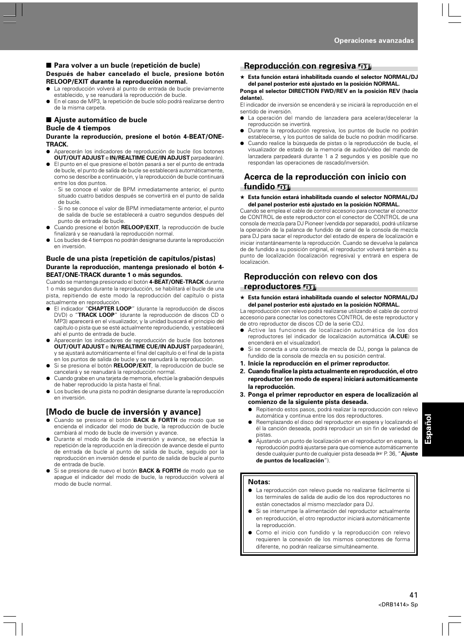 Espa ñ ol, Modo de bucle de inversión y avance, Reproducción con regresiva | Acerca de la reproducción con inicio con fundido, Reproducción con relevo con dos reproductores | Pioneer DVJ-1000 User Manual | Page 307 / 319