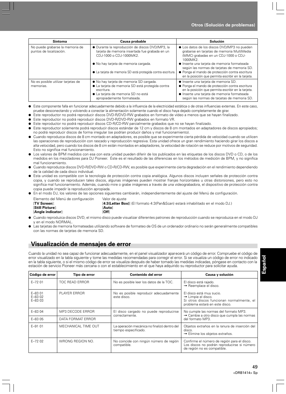 Visualización de mensajes de error, Espa ñ ol | Pioneer DVJ-1000 User Manual | Page 315 / 319