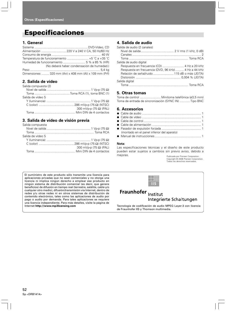 Especificaciones | Pioneer DVJ-1000 User Manual | Page 318 / 319