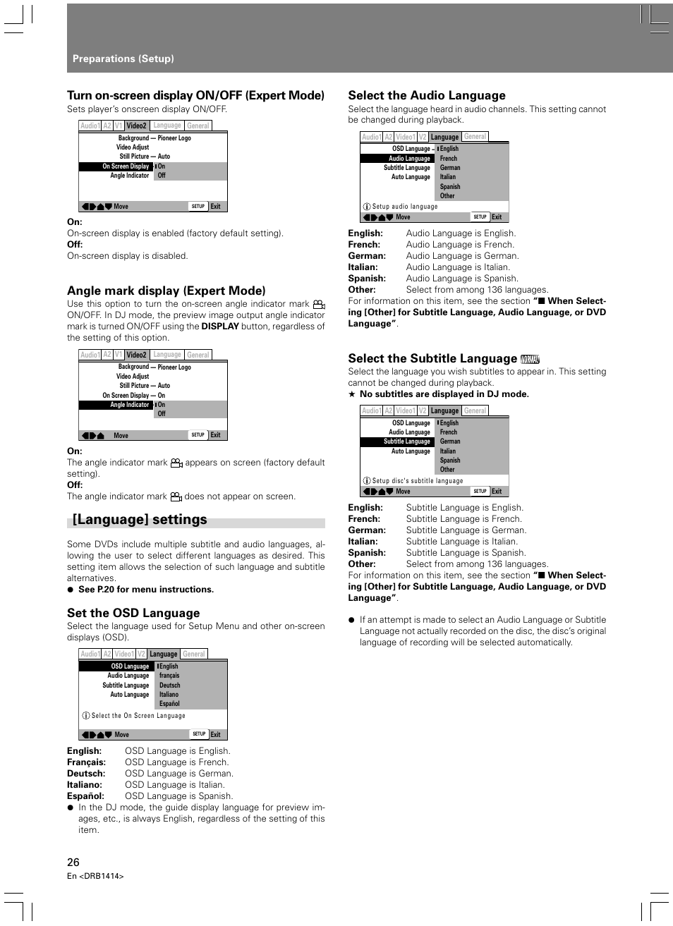 Language] settings, Turn on-screen display on/off (expert mode), Angle mark display (expert mode) | Set the osd language, Select the audio language, Select the subtitle language | Pioneer DVJ-1000 User Manual | Page 32 / 319