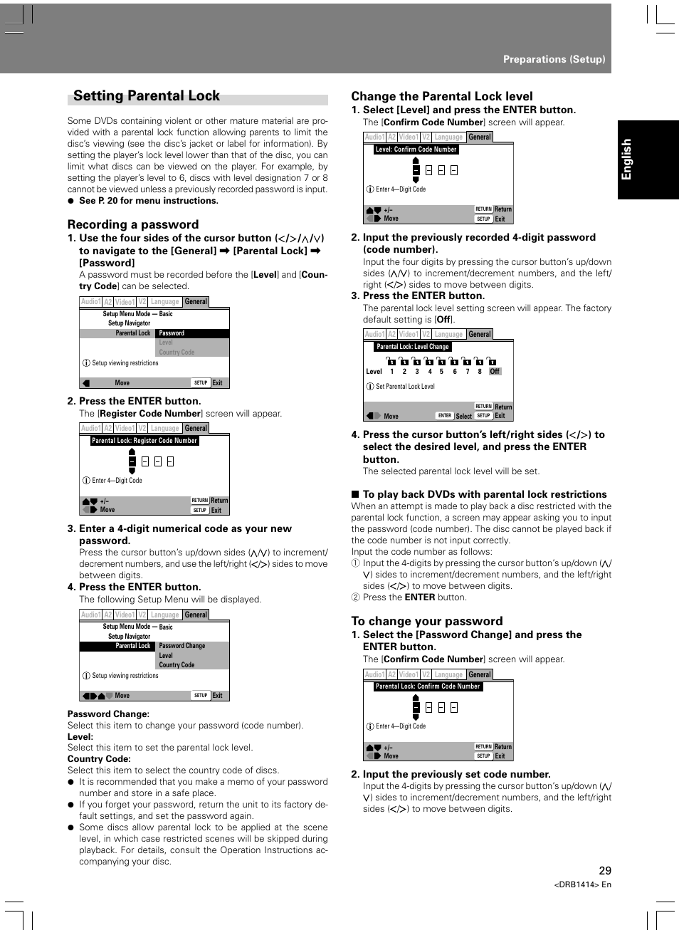 Setting parental lock, English, Recording a password | Change the parental lock level | Pioneer DVJ-1000 User Manual | Page 35 / 319