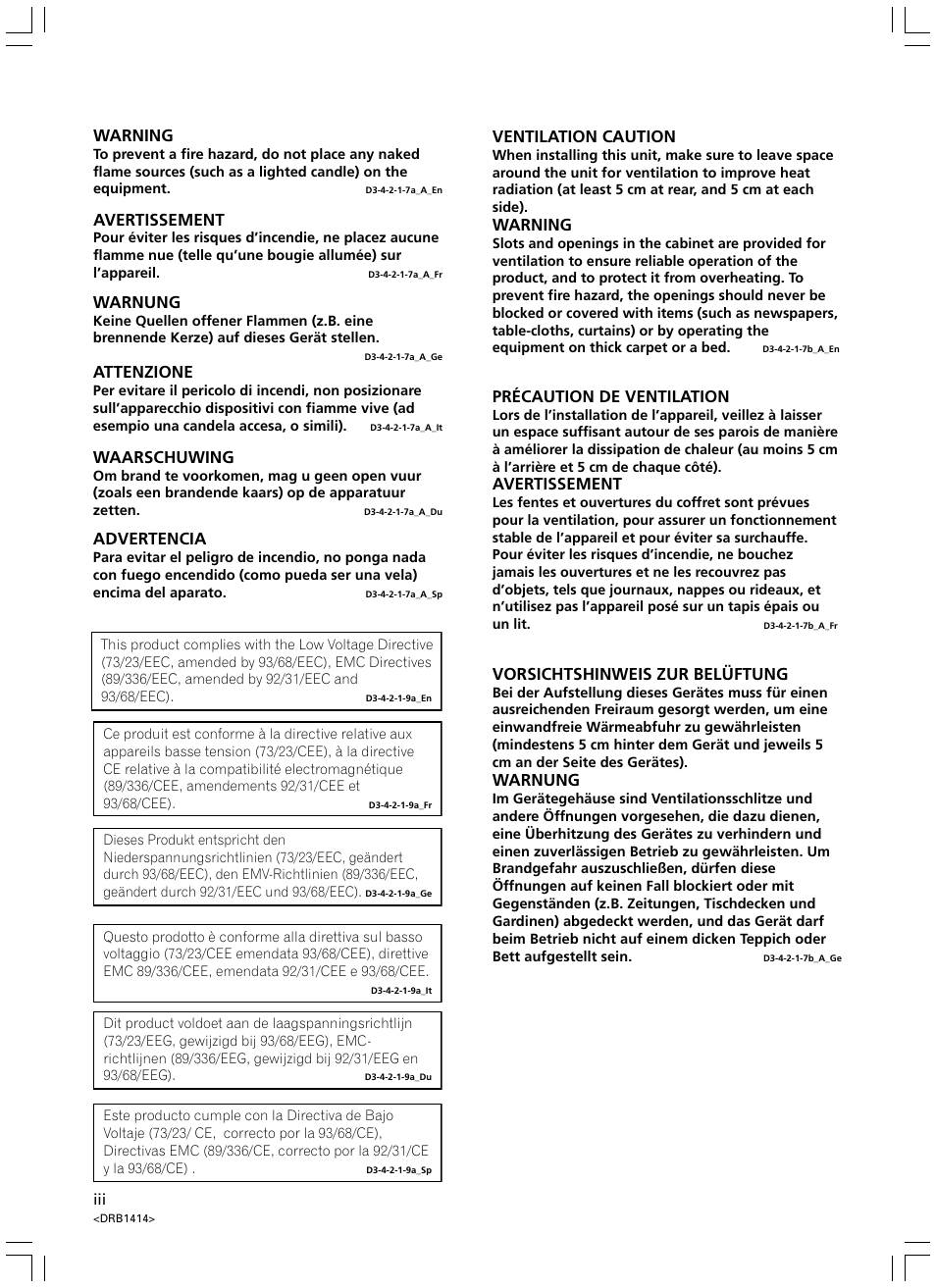 Warning, Avertissement, Warnung | Attenzione, Waarschuwing, Advertencia, Ventilation caution, Précaution de ventilation, Vorsichtshinweis zur belüftung | Pioneer DVJ-1000 User Manual | Page 4 / 319