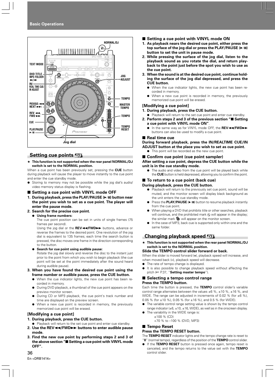 Setting cue points changing playback speed, Setting cue points, Changing playback speed | Basic operations, Light heavy, Setting a cue point with vinyl mode off, Modifying a cue point, Setting a cue point with vinyl mode on, Real time cue, Confirm cue point (cue point sampler) | Pioneer DVJ-1000 User Manual | Page 42 / 319