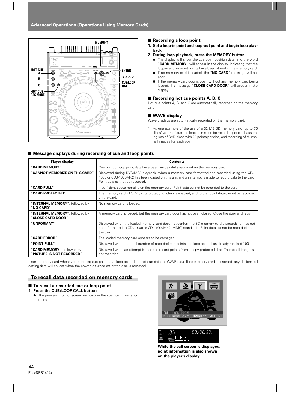 To recall data recorded on memory cards, Light heavy, Recording a loop point | Recording hot cue points a, b, c, Wave display, Press the cue/loop call button, En <drb1414 | Pioneer DVJ-1000 User Manual | Page 50 / 319