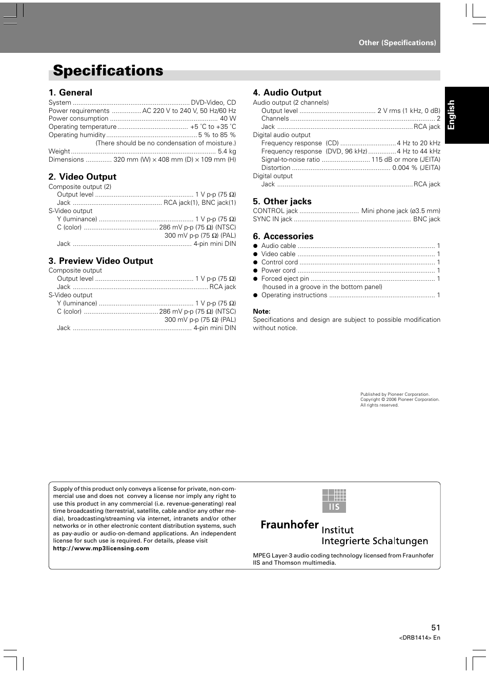 Specifications | Pioneer DVJ-1000 User Manual | Page 57 / 319