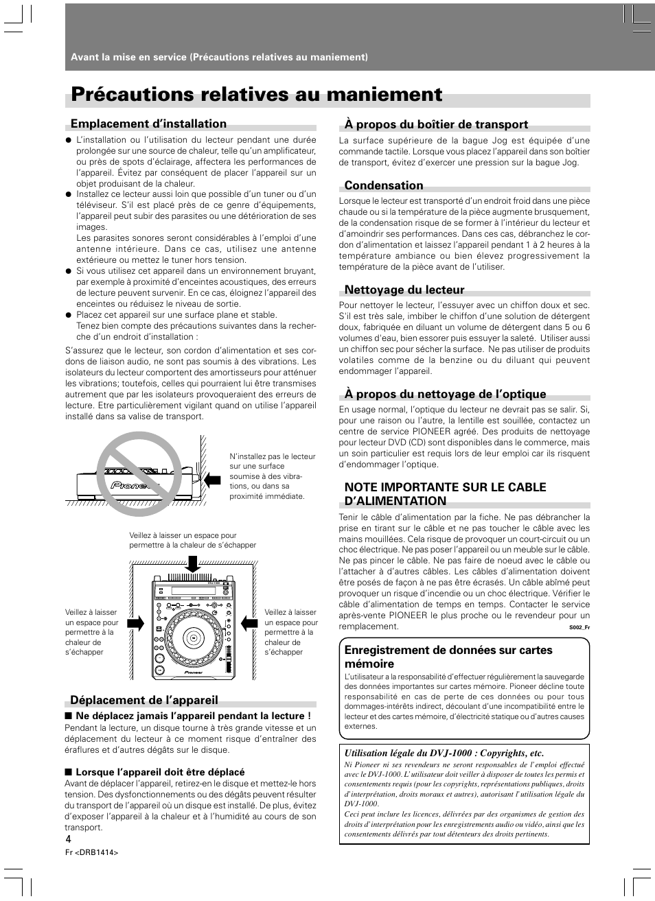 Précautions relatives au maniement | Pioneer DVJ-1000 User Manual | Page 62 / 319