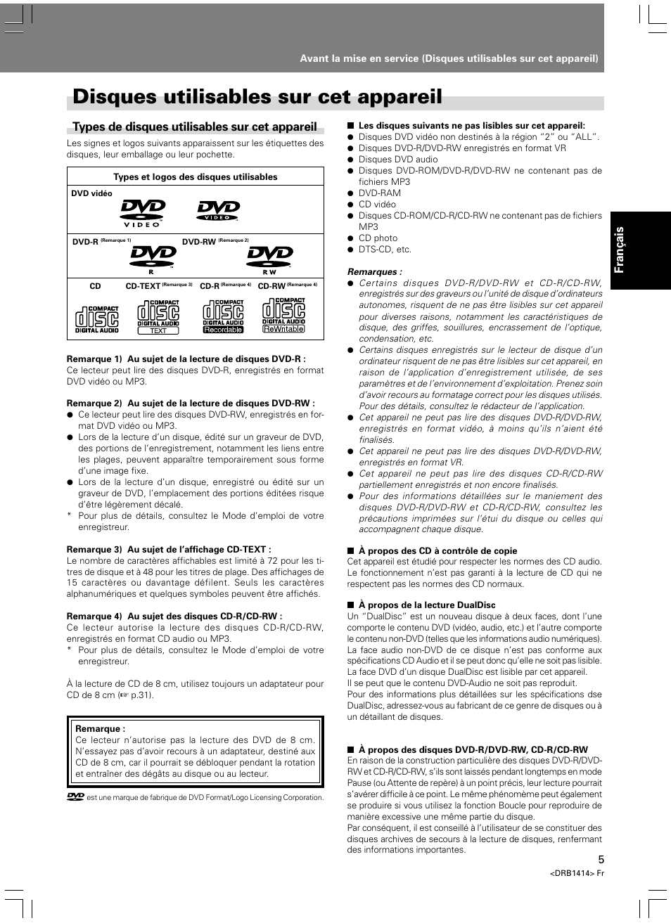 Disques utilisables sur cet appareil, Fran ç ais, Types de disques utilisables sur cet appareil | Pioneer DVJ-1000 User Manual | Page 63 / 319