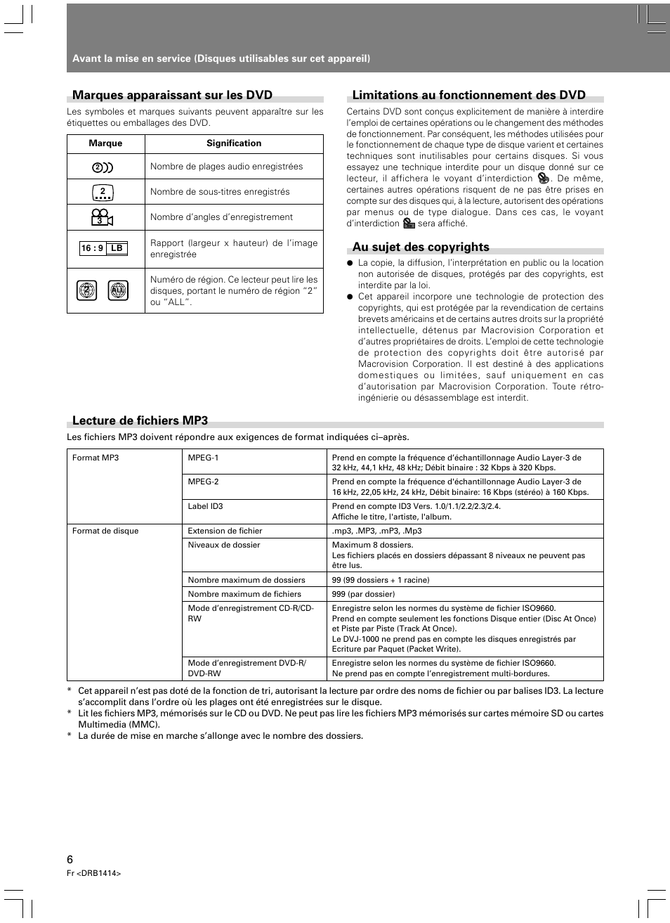 Limitations au fonctionnement des dvd, Au sujet des copyrights, Lecture de fichiers mp3 | Marques apparaissant sur les dvd | Pioneer DVJ-1000 User Manual | Page 64 / 319