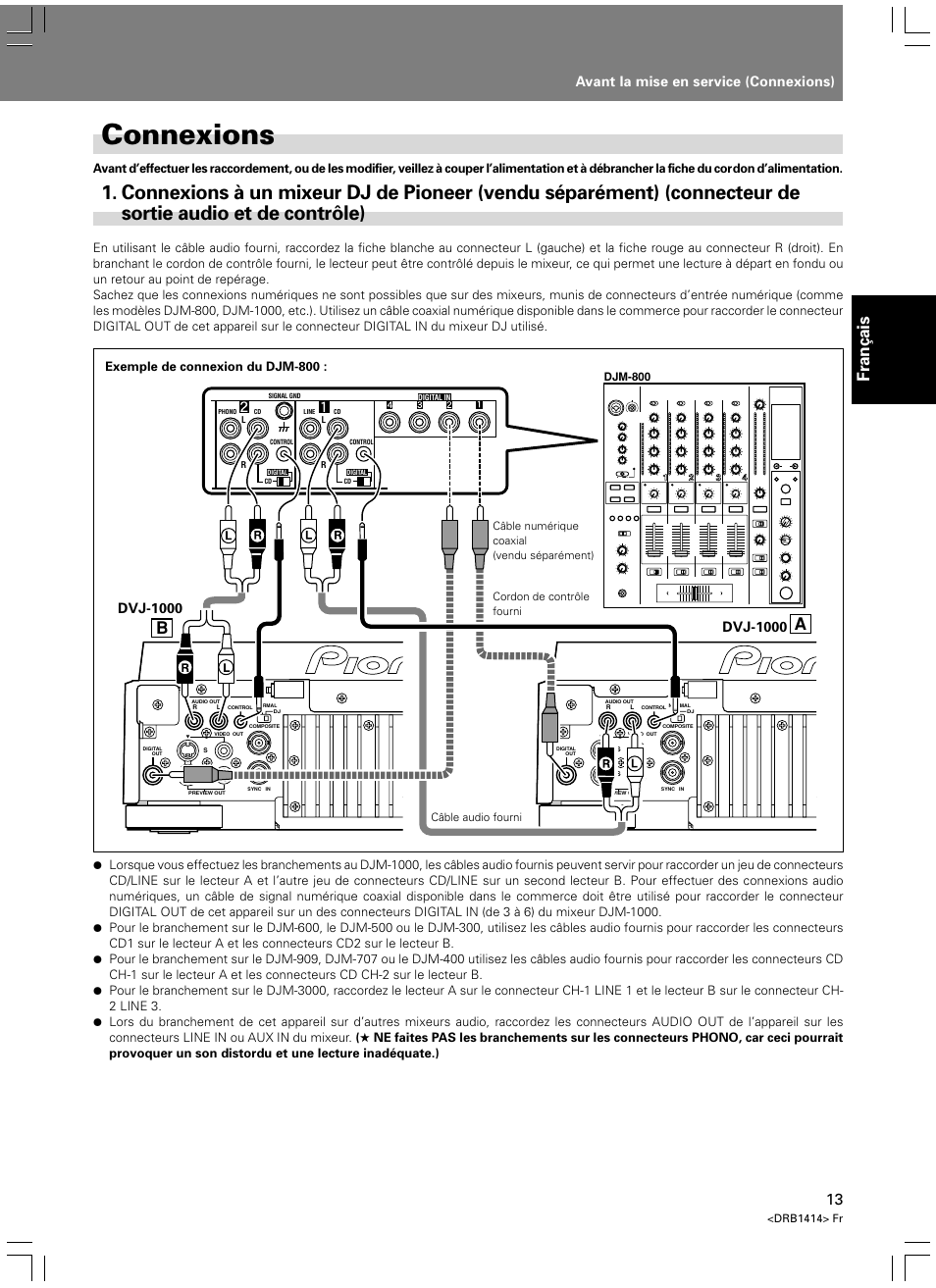 Connexions, Connexions à un mixeur dj de pioneer, Français | Avant la mise en service (connexions), Dvj-1000 | Pioneer DVJ-1000 User Manual | Page 71 / 319