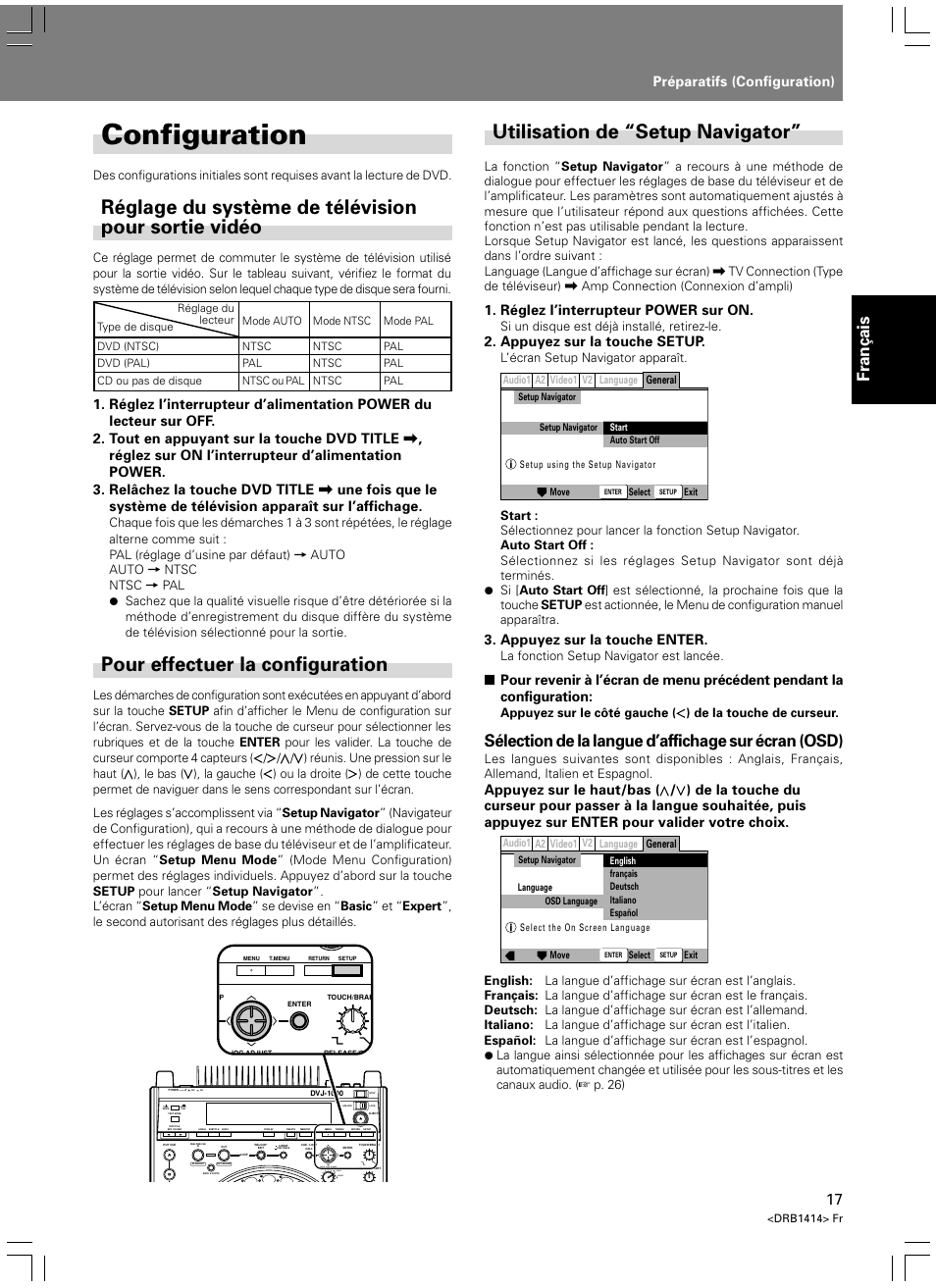 Préparatifs, Configuration, Réglage du système de télévision pour sortie vidéo | Utilisation de “setup navigator, Pour effectuer la configuration, Français, Sélection de la langue d’affichage sur écran (osd), Préparatifs (configuration), Réglez l’interrupteur power sur on, Appuyez sur la touche setup | Pioneer DVJ-1000 User Manual | Page 75 / 319