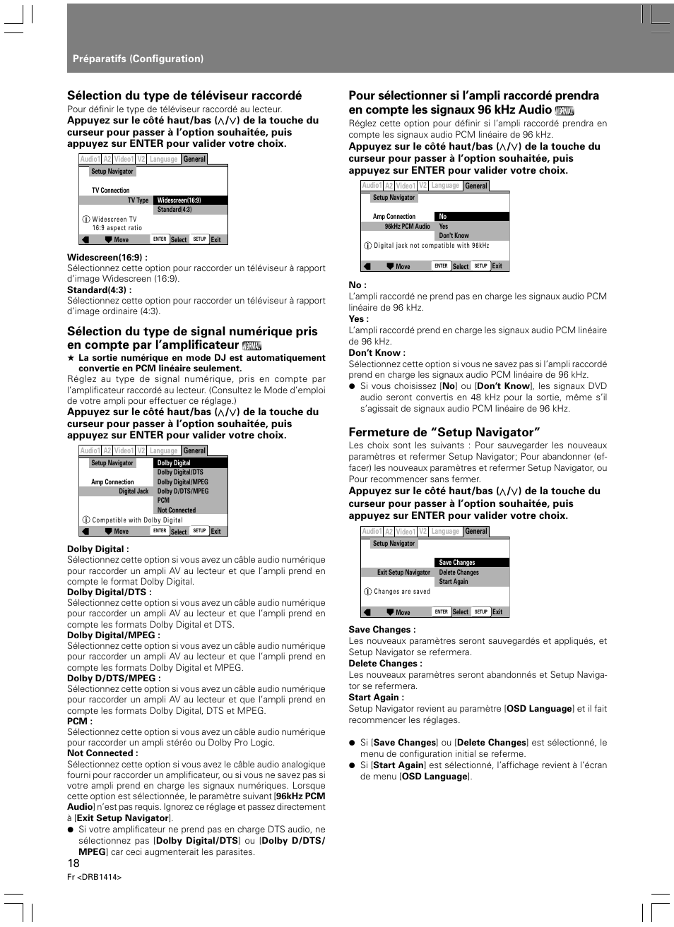 Sélection du type de téléviseur raccordé, Fermeture de “setup navigator | Pioneer DVJ-1000 User Manual | Page 76 / 319