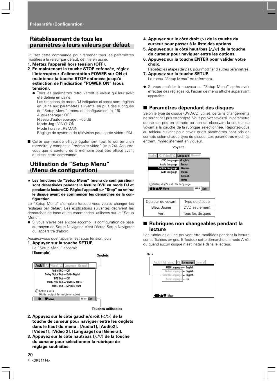 Paramètres dépendant des disques, Rubriques non changeables pendant la lecture | Pioneer DVJ-1000 User Manual | Page 78 / 319