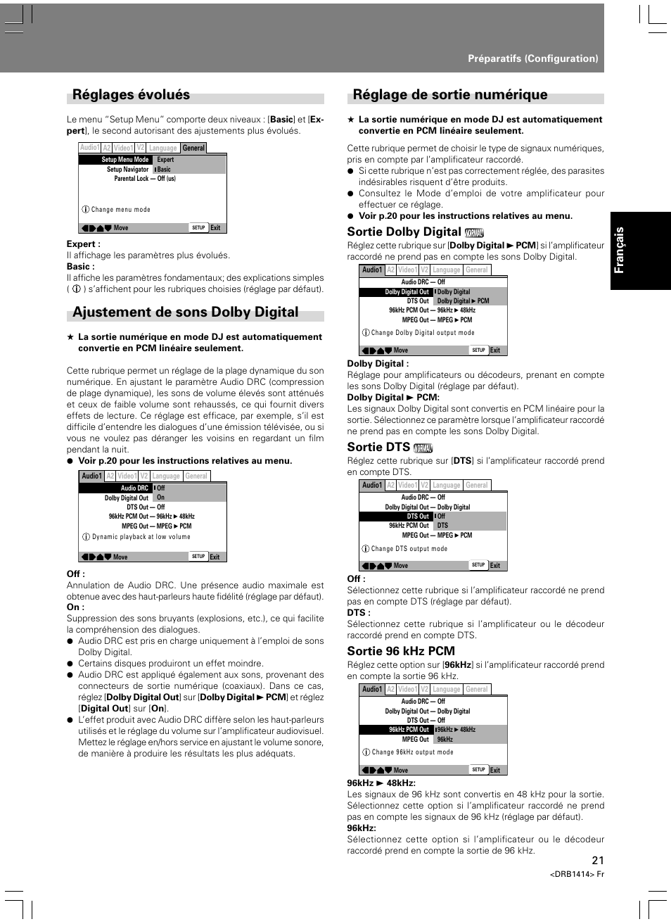 Réglages évolués, Ajustement de sons dolby digital, Réglage de sortie numérique | Fran ç ais, Sortie dolby digital, Sortie dts, Sortie 96 khz pcm | Pioneer DVJ-1000 User Manual | Page 79 / 319