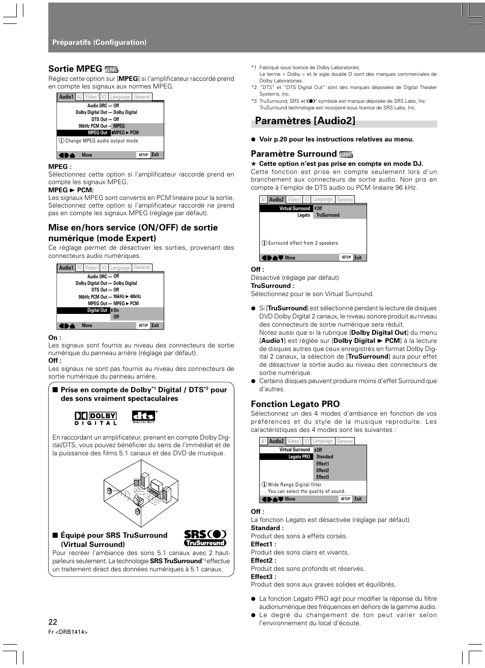 Paramètres [audio2, Sortie mpeg, Paramètre surround | Fonction legato pro | Pioneer DVJ-1000 User Manual | Page 80 / 319