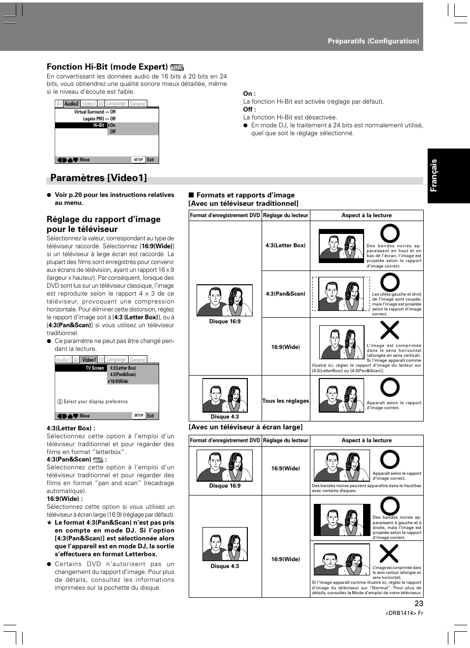 Paramètres [video1, Fran ç ais, Réglage du rapport d’image pour le téléviseur | Fonction hi-bit (mode expert) | Pioneer DVJ-1000 User Manual | Page 81 / 319