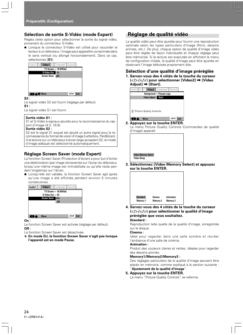 Réglage de qualité vidéo, Sélection de sortie s-vidéo (mode expert), Réglage screen saver (mode expert) | Sélection d’une qualité d’image préréglée | Pioneer DVJ-1000 User Manual | Page 82 / 319