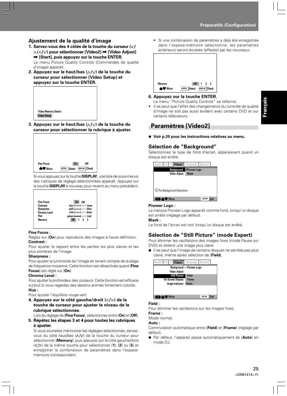 Paramètres [video2, Français, Ajustement de la qualité d’image | Sélection de “background, Sélection de “still picture” (mode expert) | Pioneer DVJ-1000 User Manual | Page 83 / 319