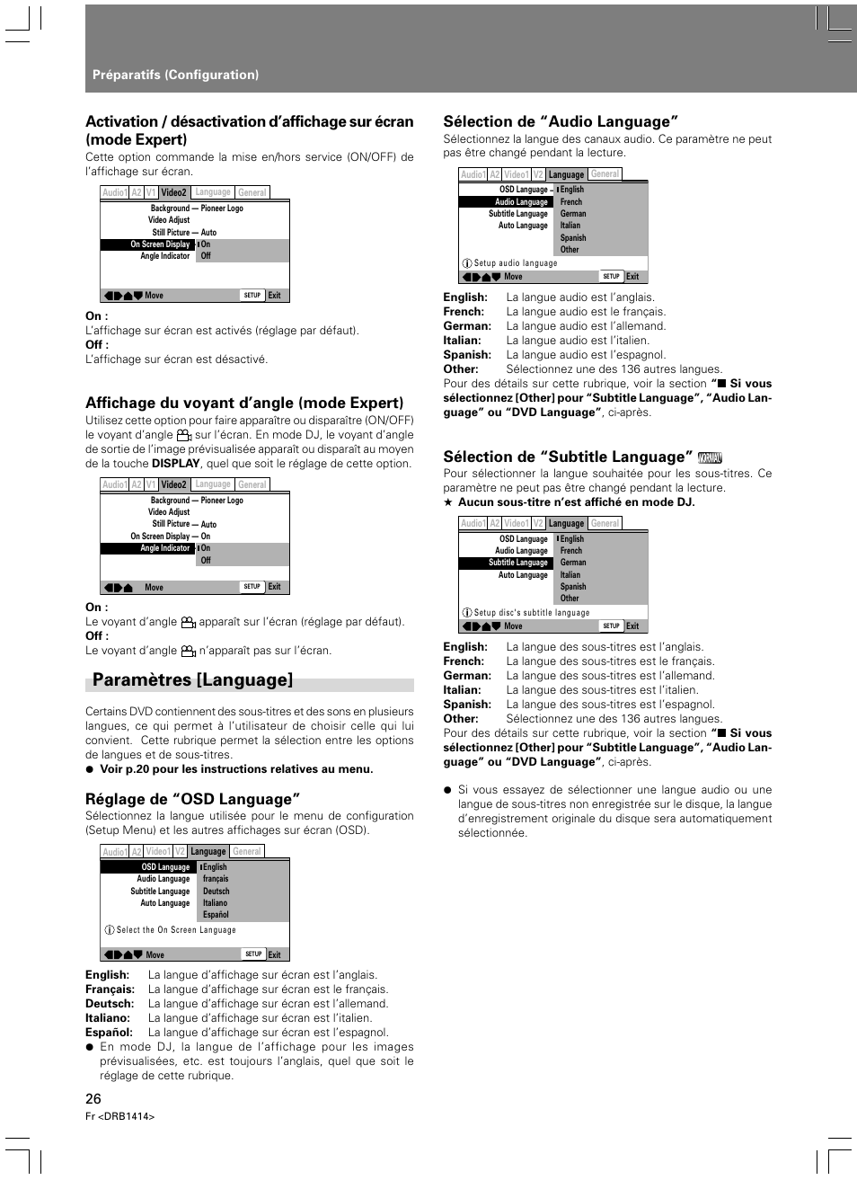 Paramètres [language, Affichage du voyant d’angle (mode expert), Réglage de “osd language | Sélection de “audio language, Sélection de “subtitle language | Pioneer DVJ-1000 User Manual | Page 84 / 319