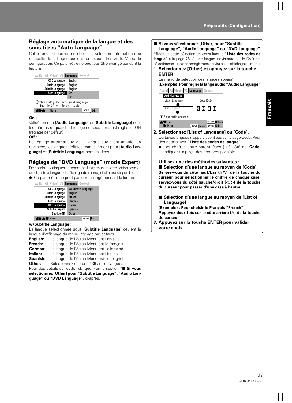 Fran ç ais, Réglage de “dvd language” (mode expert) | Pioneer DVJ-1000 User Manual | Page 85 / 319