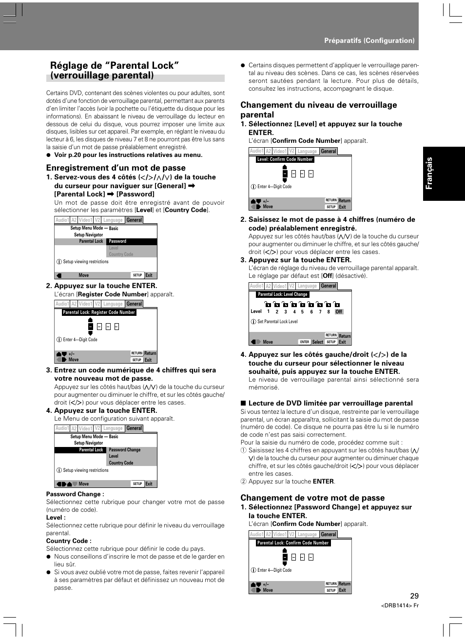 Réglage de “parental lock” (verrouillage parental), Fran ç ais, Enregistrement d’un mot de passe | Changement du niveau de verrouillage parental, Changement de votre mot de passe | Pioneer DVJ-1000 User Manual | Page 87 / 319