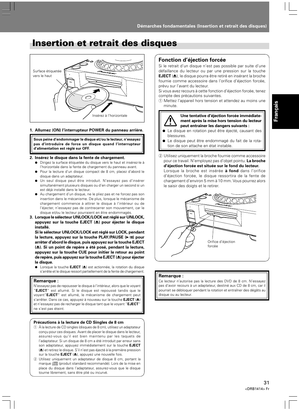 Démarches fondamentales, Insertion et retrait des disques, Français | Fonction d’éjection forcée | Pioneer DVJ-1000 User Manual | Page 89 / 319