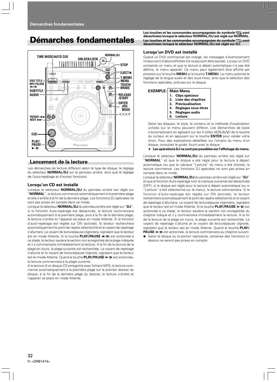 Démarches fondamentales, Lancement de la lecture, Lorsqu’un cd est installé | Lorsqu’un dvd est installé, Light heavy, Exemple: main menu, Fr <drb1414, Enter t.memu menu | Pioneer DVJ-1000 User Manual | Page 90 / 319