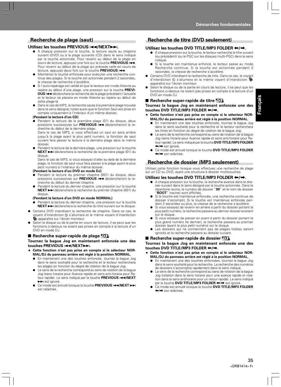 Fran ç ais, Recherche de plage (saut), Recherche de titre (dvd seulement) | Recherche de dossier (mp3 seulement) | Pioneer DVJ-1000 User Manual | Page 93 / 319