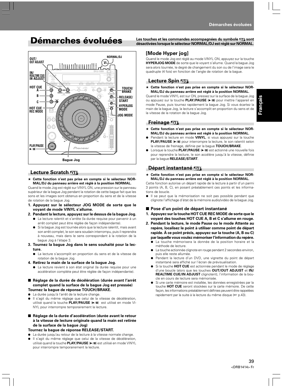 Démarches évoluées, Français, Lecture scratch | Mode hyper jog, Lecture spin, Freinage, Départ instantané, Light heavy, Pose d’un point de départ instantané, Retirez la main de la surface de la bague jog | Pioneer DVJ-1000 User Manual | Page 97 / 319