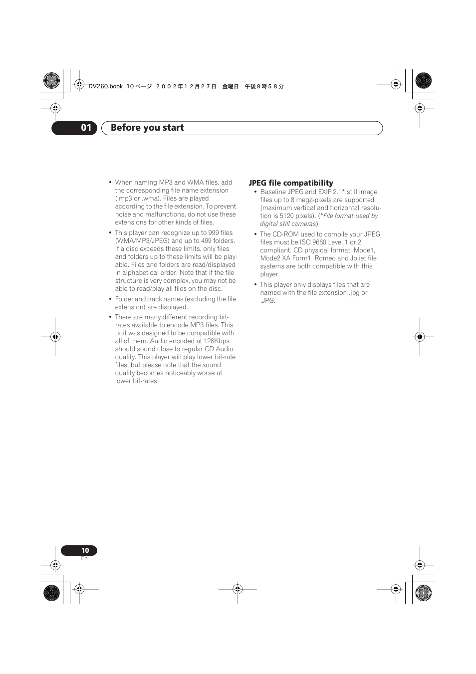 Jpeg file compatibility, Before you start 01 | Pioneer DV-360-S User Manual | Page 10 / 64