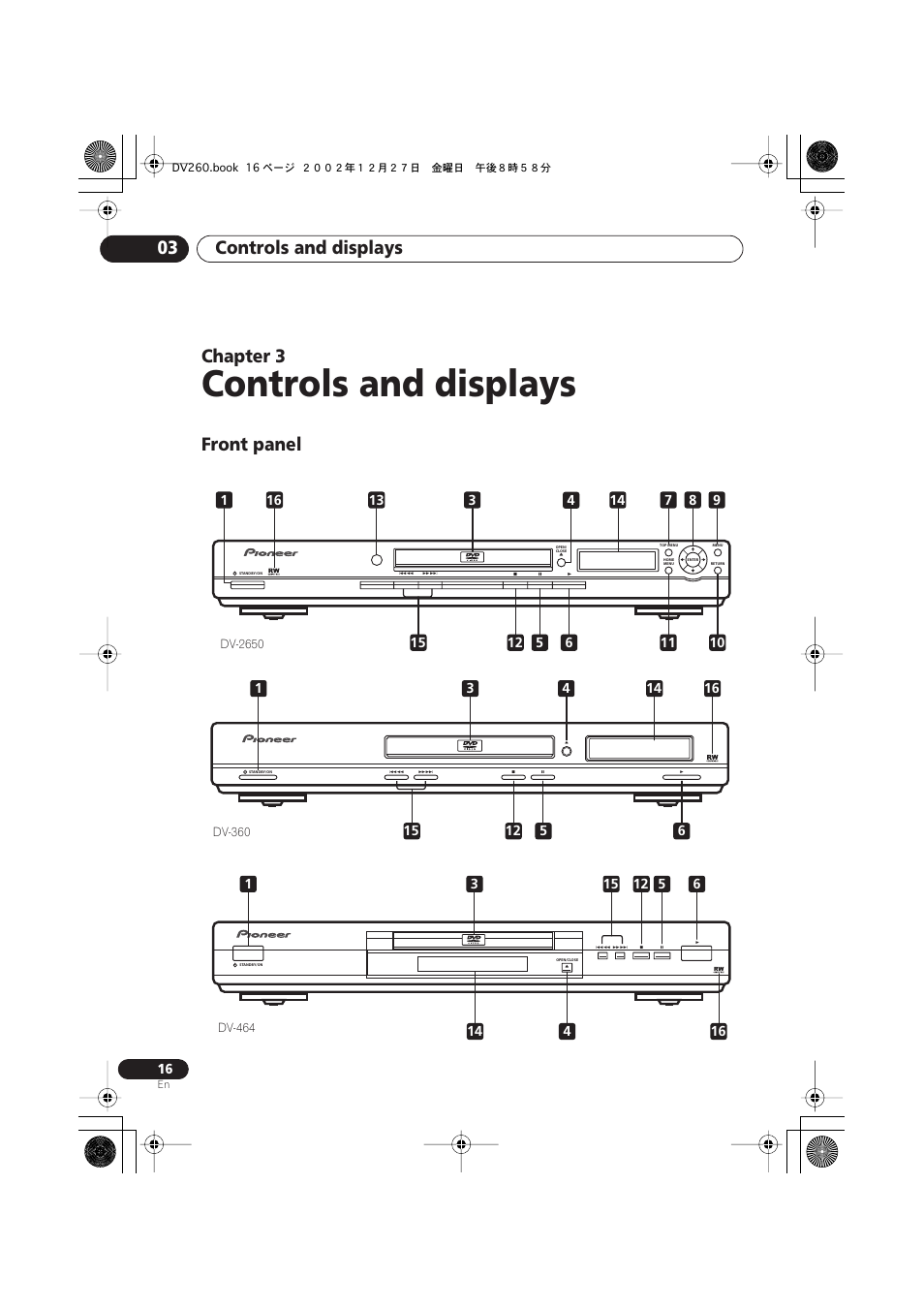 03 controls and displays, Front panel, Controls and displays | Controls and displays 03, Chapter 3 | Pioneer DV-360-S User Manual | Page 16 / 64