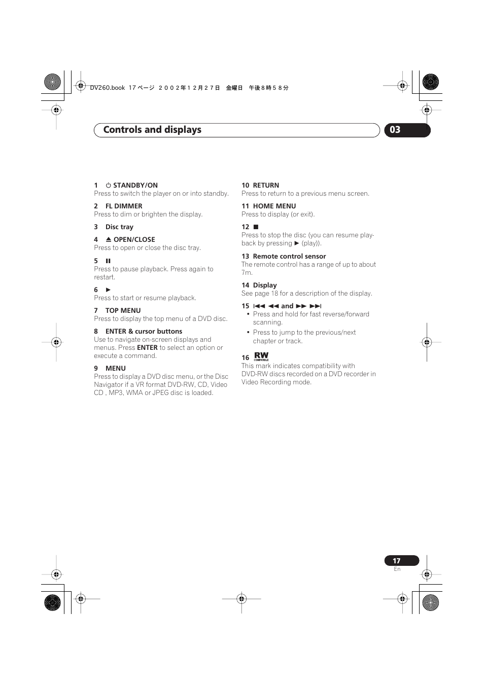 Controls and displays 03 | Pioneer DV-360-S User Manual | Page 17 / 64