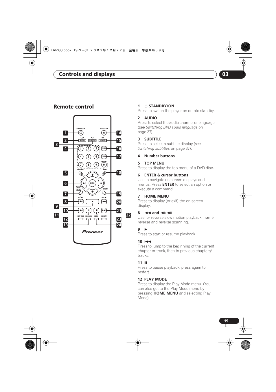 Remote control, Controls and displays 03 | Pioneer DV-360-S User Manual | Page 19 / 64