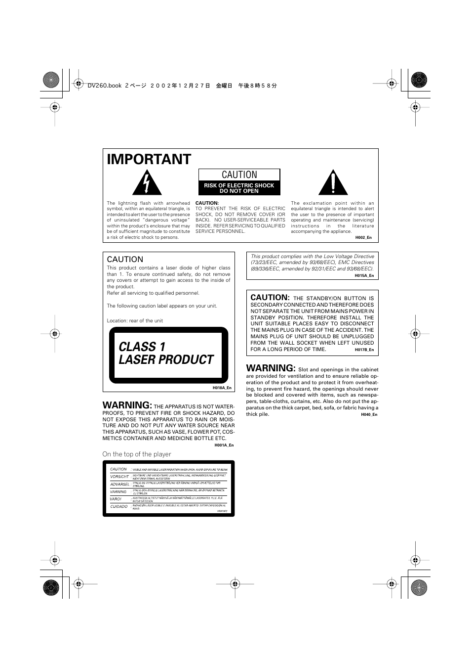 Important, Class 1 laser product, Caution | Warning | Pioneer DV-360-S User Manual | Page 2 / 64
