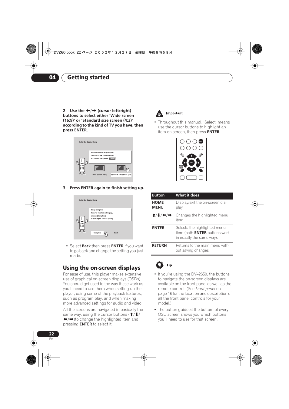 Using the on-screen displays, Getting started 04 | Pioneer DV-360-S User Manual | Page 22 / 64