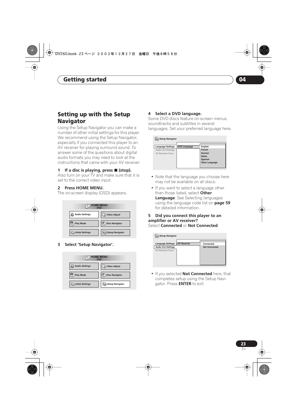 Setting up with the setup navigator, Getting started 04 | Pioneer DV-360-S User Manual | Page 23 / 64