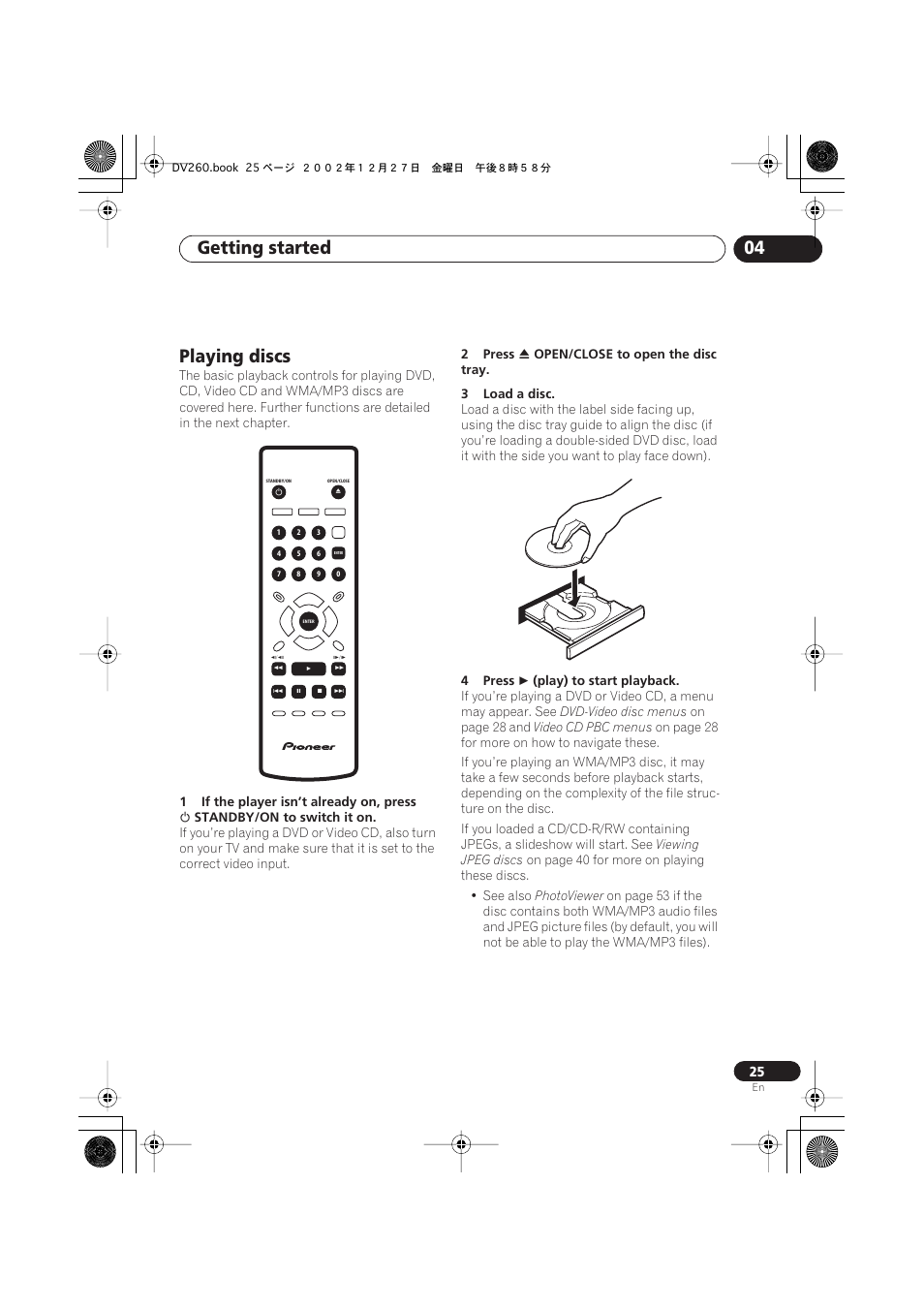 Playing discs, Getting started 04 | Pioneer DV-360-S User Manual | Page 25 / 64