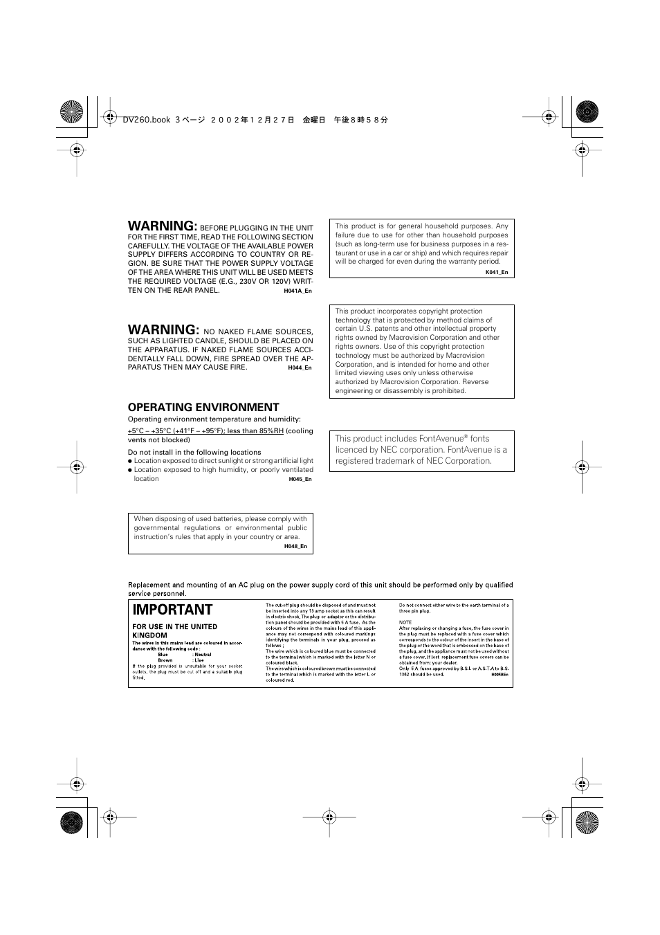 Warning, Operating environment | Pioneer DV-360-S User Manual | Page 3 / 64