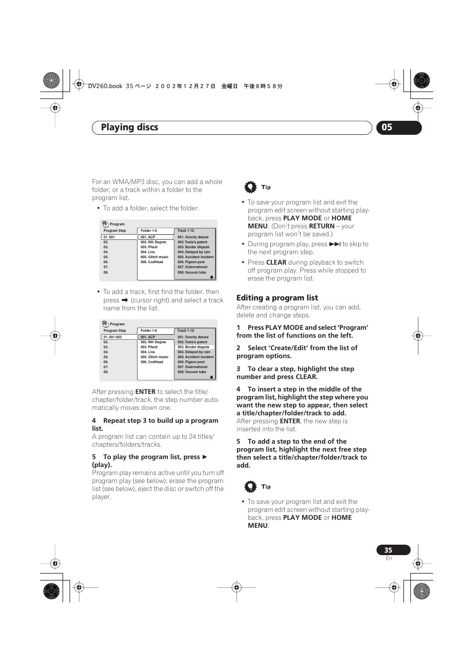 Editing a program list, Playing discs 05 | Pioneer DV-360-S User Manual | Page 35 / 64