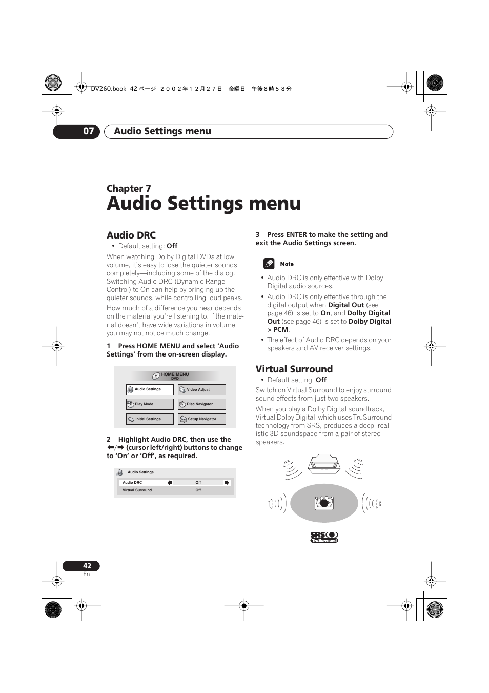 07 audio settings menu, Audio drc, Virtual surround | Audio settings menu, Audio settings menu 07, Chapter 7 | Pioneer DV-360-S User Manual | Page 42 / 64