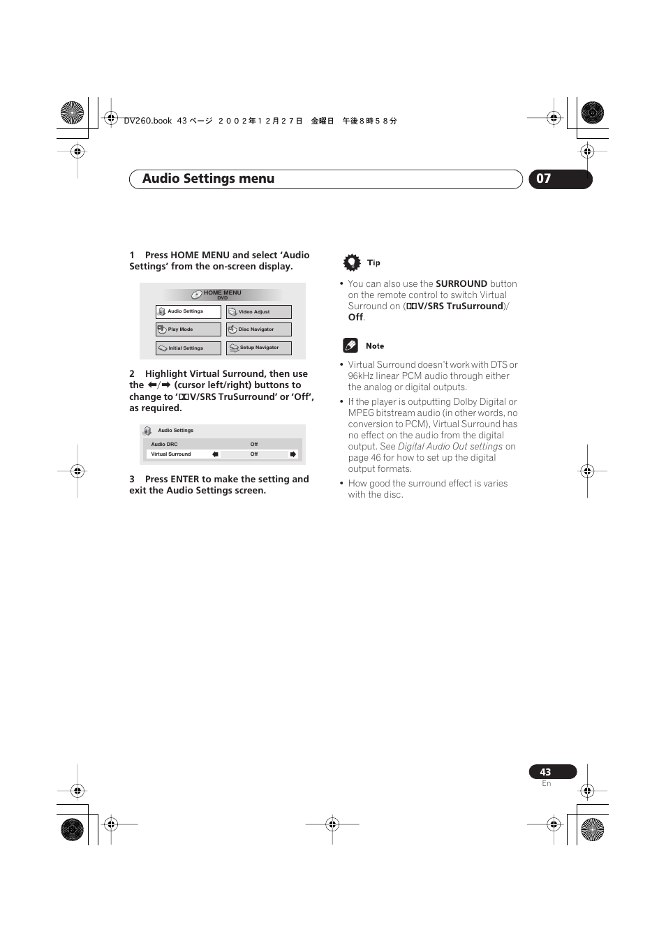 Audio settings menu 07 | Pioneer DV-360-S User Manual | Page 43 / 64