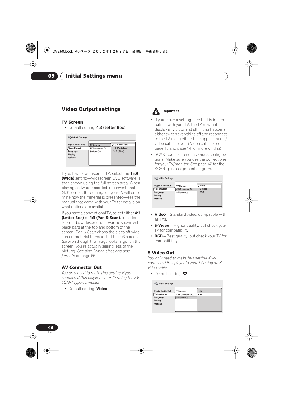 Video output settings, Tv screen, Av connector out | S-video out, Initial settings menu 09 | Pioneer DV-360-S User Manual | Page 48 / 64