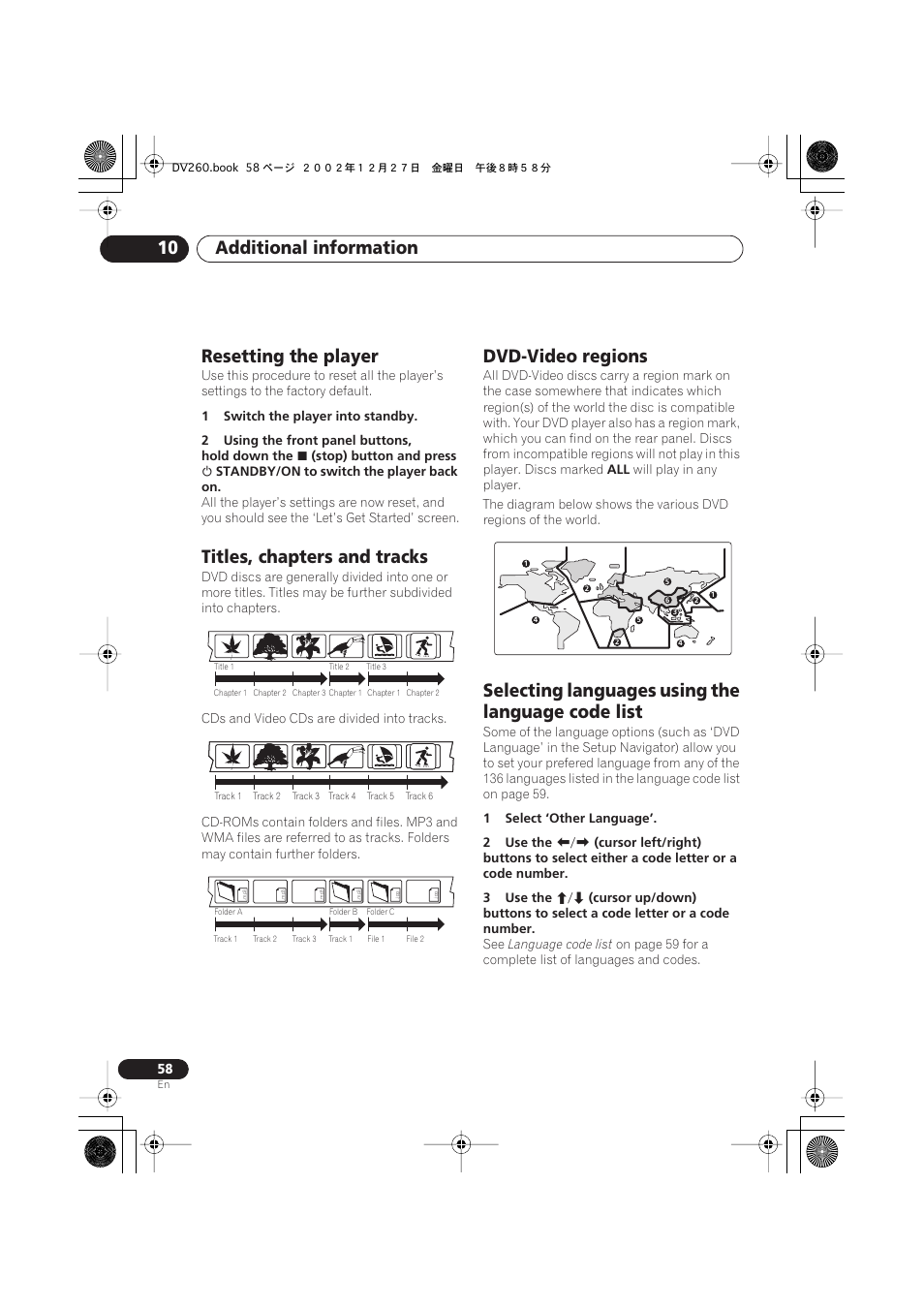 Resetting the player, Titles, chapters and tracks, Dvd-video regions | Selecting languages using the language code list, Additional information 10 | Pioneer DV-360-S User Manual | Page 58 / 64