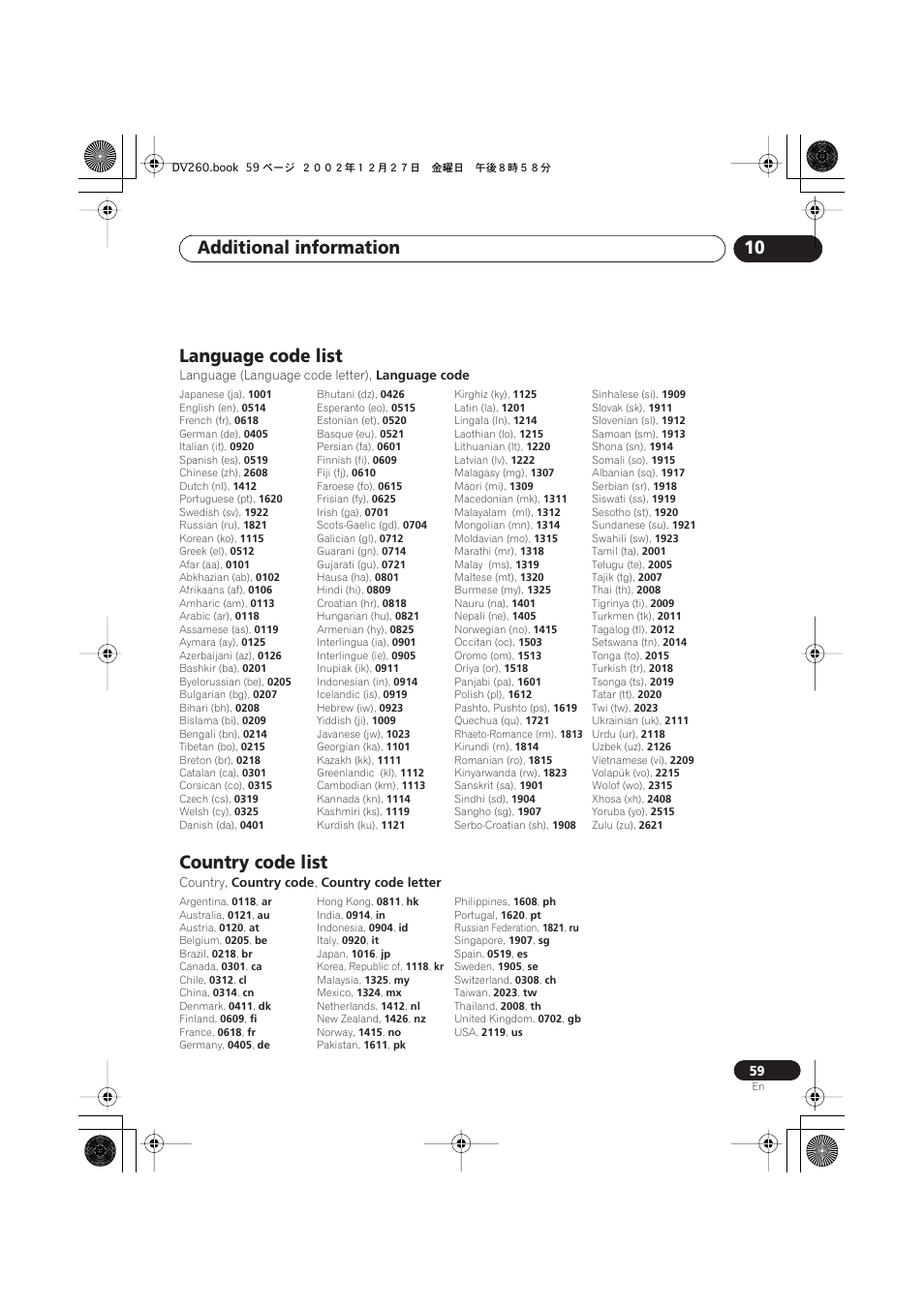 Language code list, Country code list, Additional information 10 | Pioneer DV-360-S User Manual | Page 59 / 64