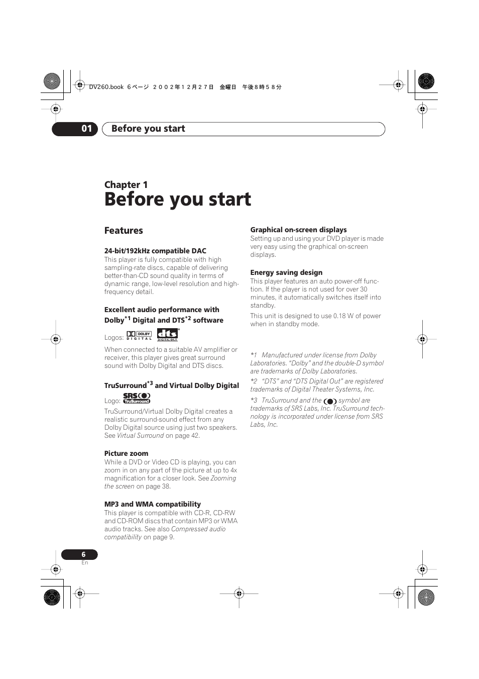 01 before you start, Features, Before you start | Before you start 01, Chapter 1 | Pioneer DV-360-S User Manual | Page 6 / 64