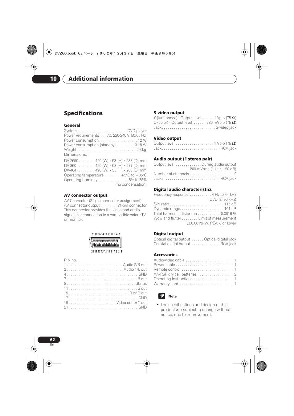 Specifications, Additional information 10 | Pioneer DV-360-S User Manual | Page 62 / 64
