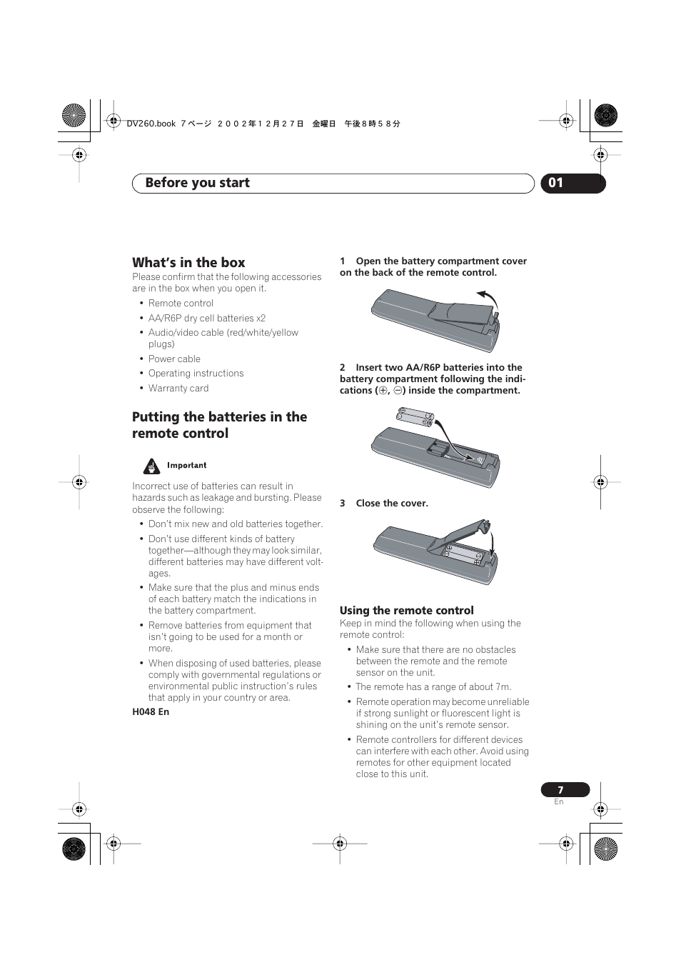 What’s in the box, Putting the batteries in the remote control, Using the remote control | Before you start 01 | Pioneer DV-360-S User Manual | Page 7 / 64