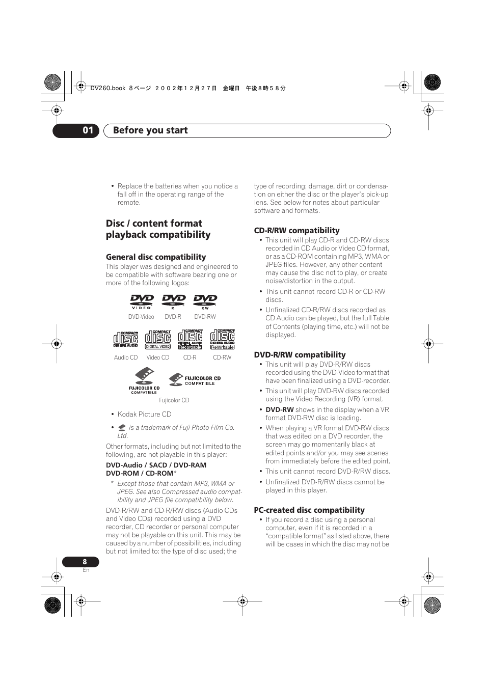 Disc / content format playback compatibility, General disc compatibility, Cd-r/rw compatibility | Dvd-r/rw compatibility, Pc-created disc compatibility, Before you start 01 | Pioneer DV-360-S User Manual | Page 8 / 64